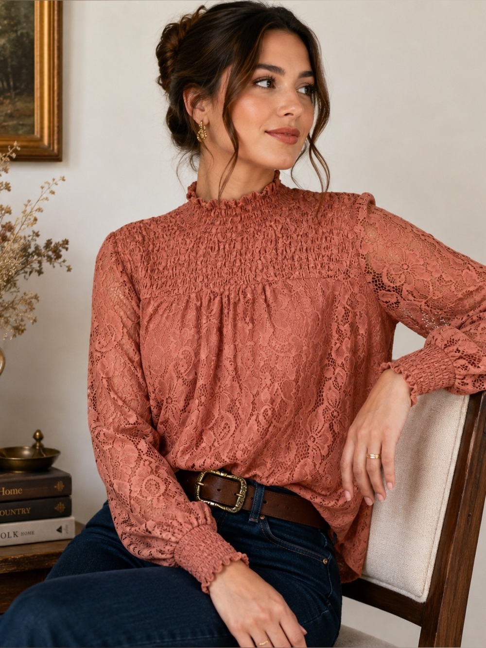 Victorian Floral Lace Smocked High Neck Prairie Blouse 2X